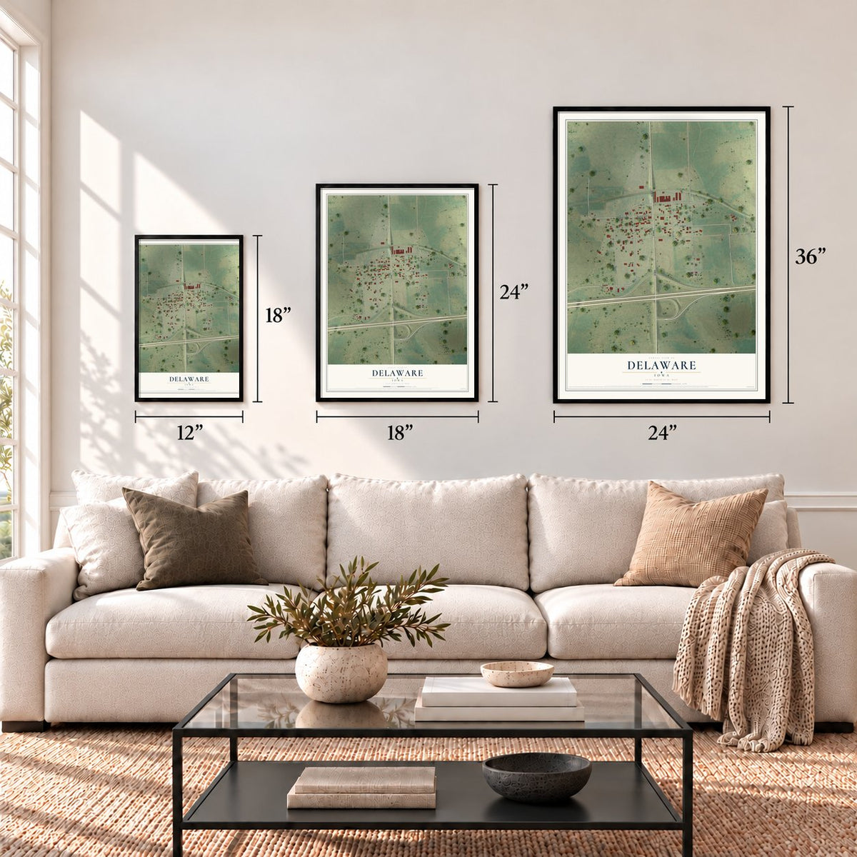Delaware, Iowa map in 12 x 18, 18 x 24 and 24 x 36 inch sizes above a sofa