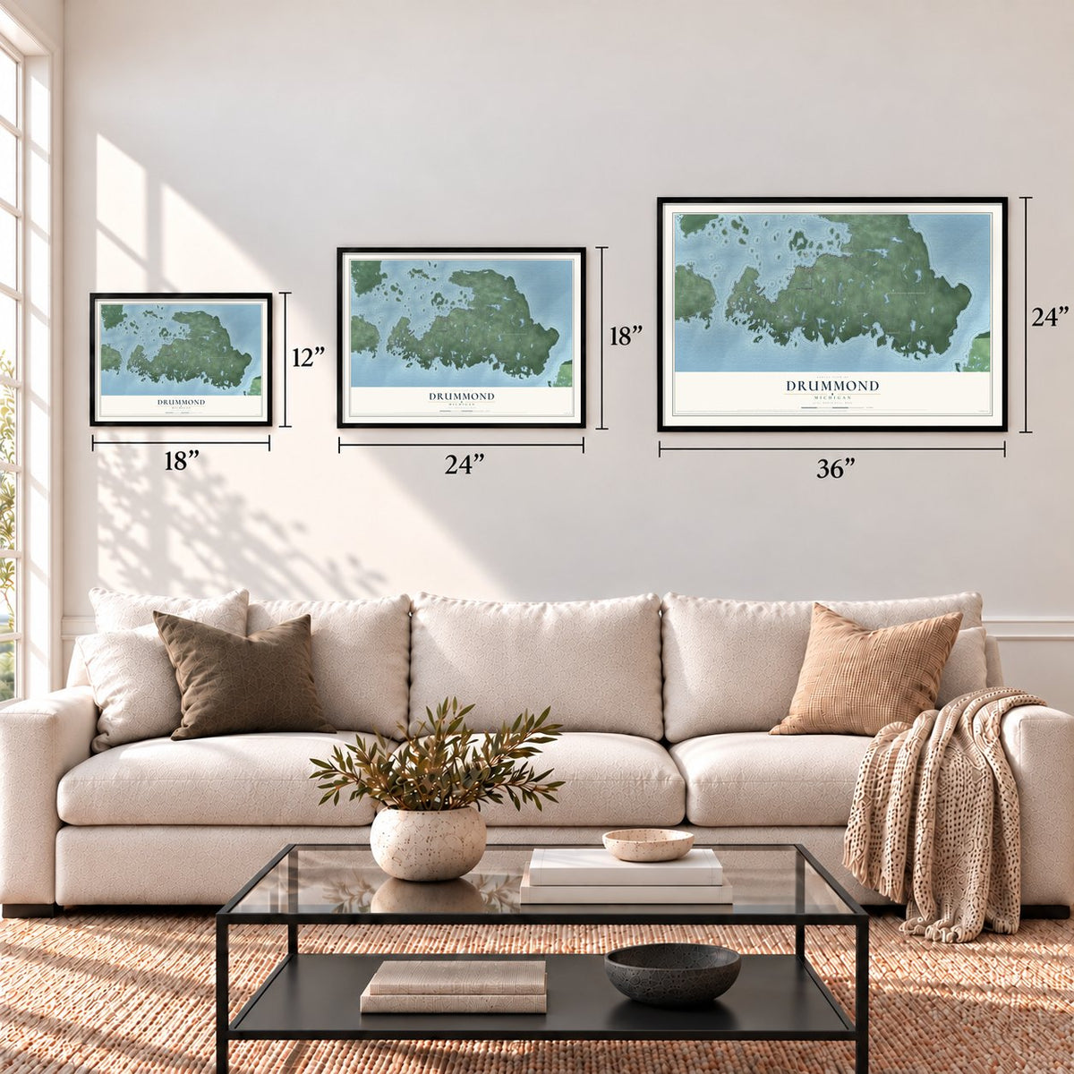 Drummond, Michigan map in 12 x 18, 18 x 24 and 24 x 36 inch sizes above a sofa