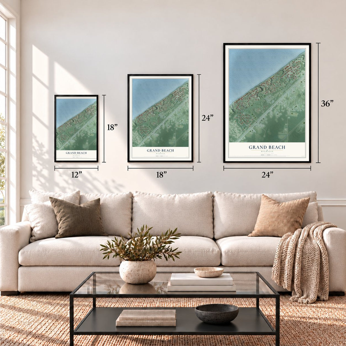 Grand Beach, Michigan map in 12 x 18, 18 x 24 and 24 x 36 inch sizes above a sofa