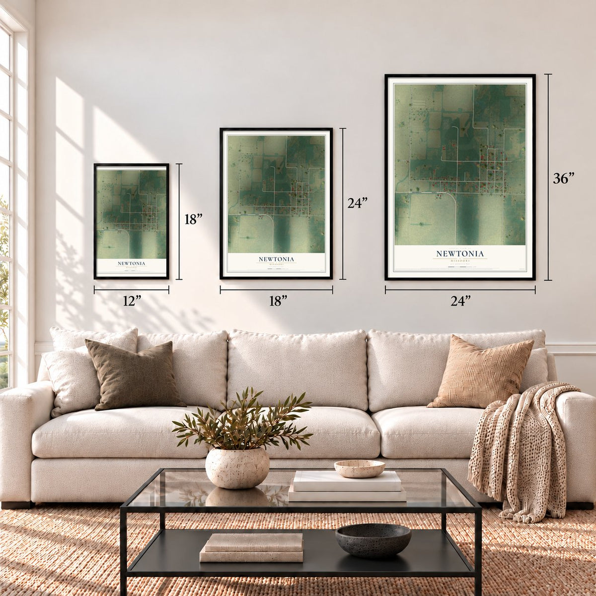 Newtonia, Missouri map in 12 x 18, 18 x 24 and 24 x 36 inch sizes above a sofa