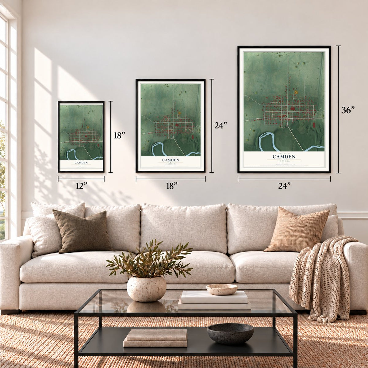 Camden, Indiana map in 12 x 18, 18 x 24 and 24 x 36 inch sizes above a sofa