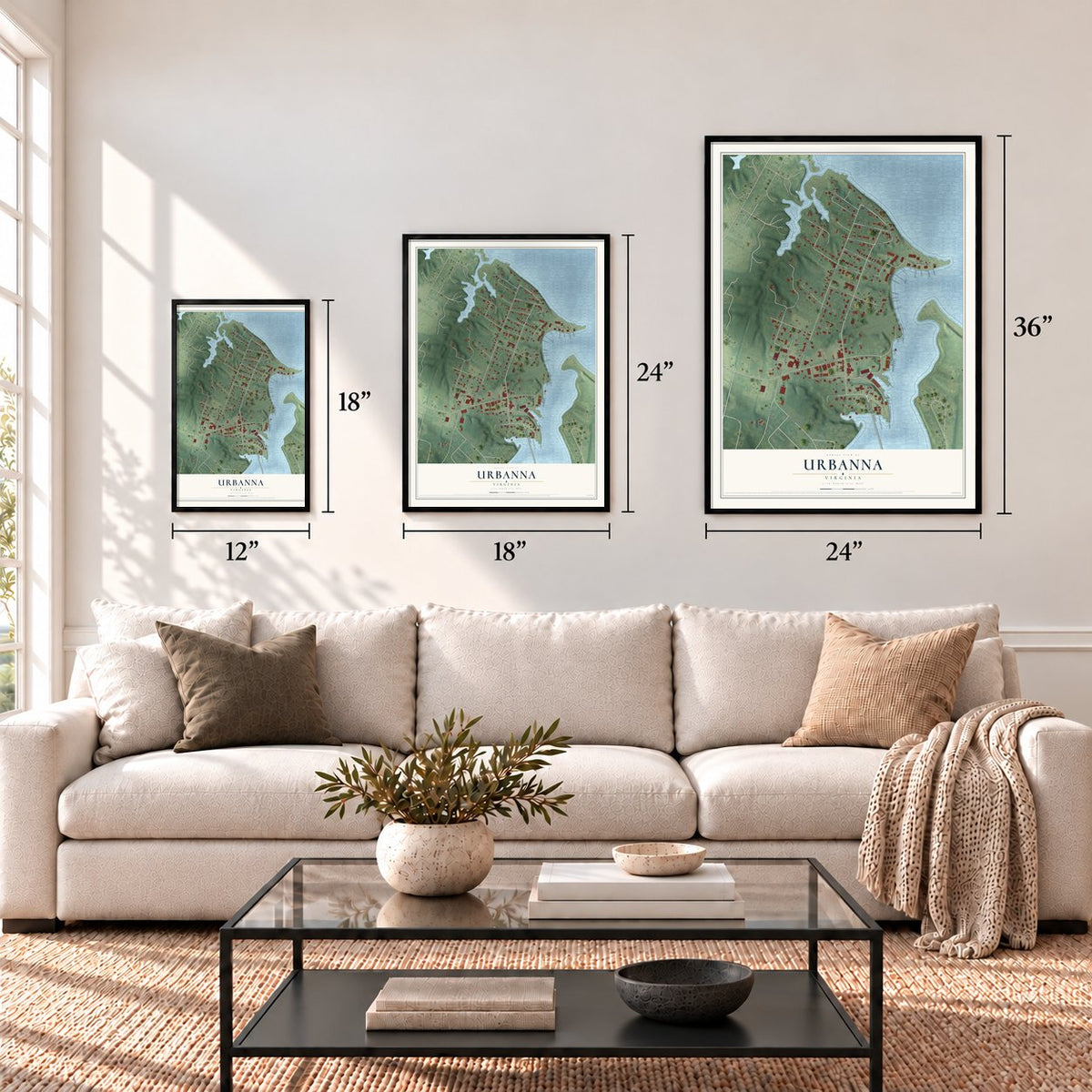 Urbanna, Virginia map in 12 x 18, 18 x 24 and 24 x 36 inch sizes above a sofa