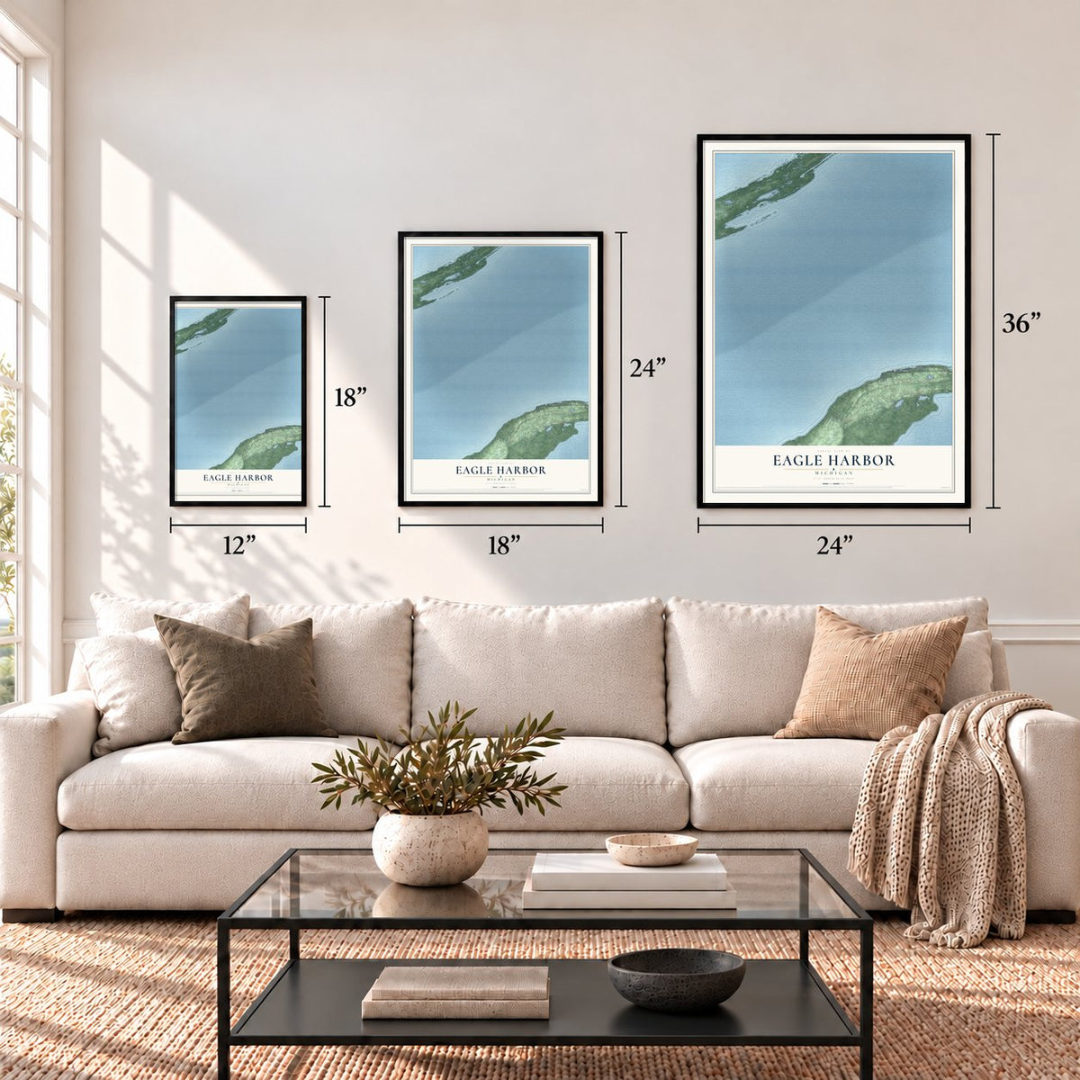 Eagle Harbor, Michigan map in 12 x 18, 18 x 24 and 24 x 36 inch sizes above a sofa