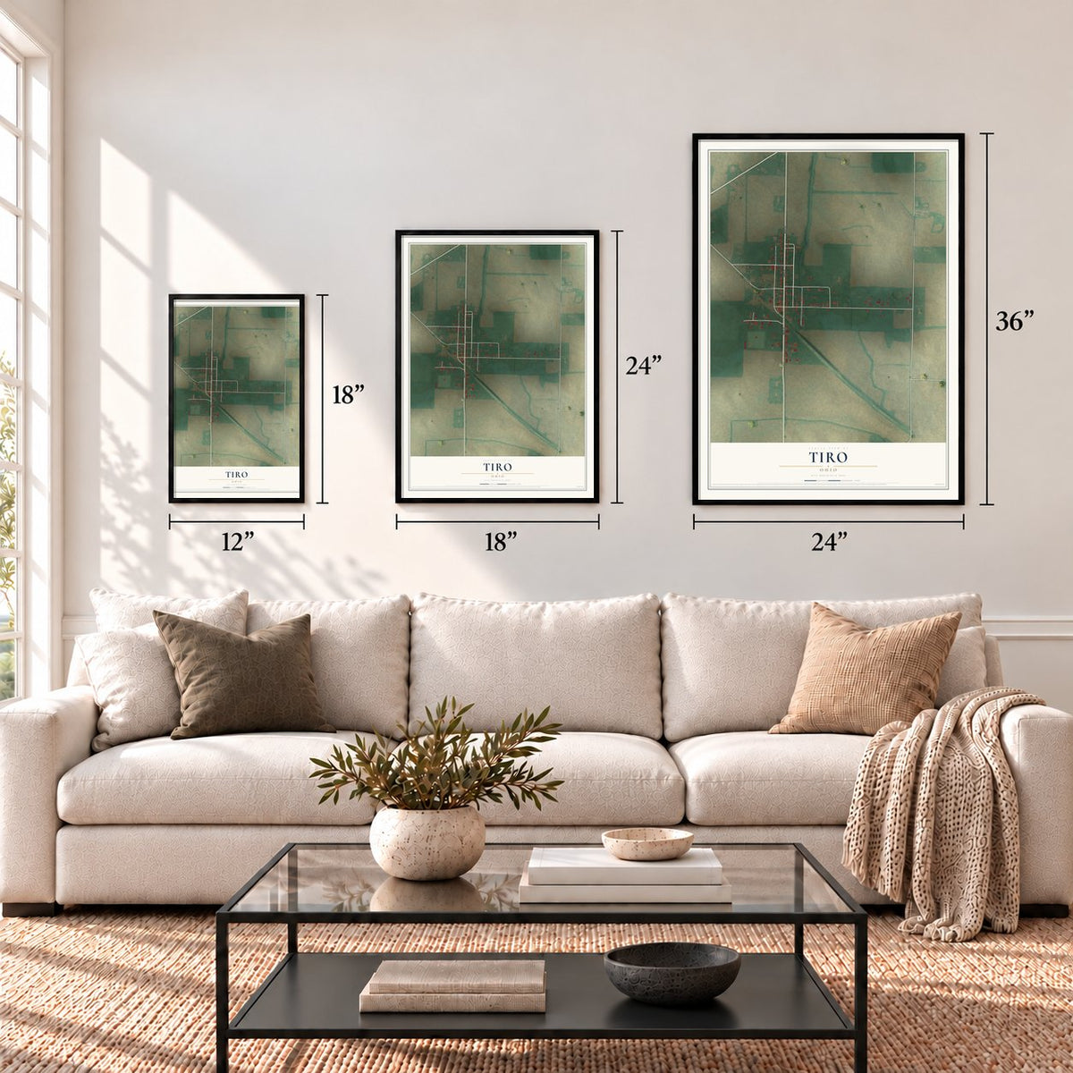 Tiro, Ohio map in 12 x 18, 18 x 24 and 24 x 36 inch sizes above a sofa