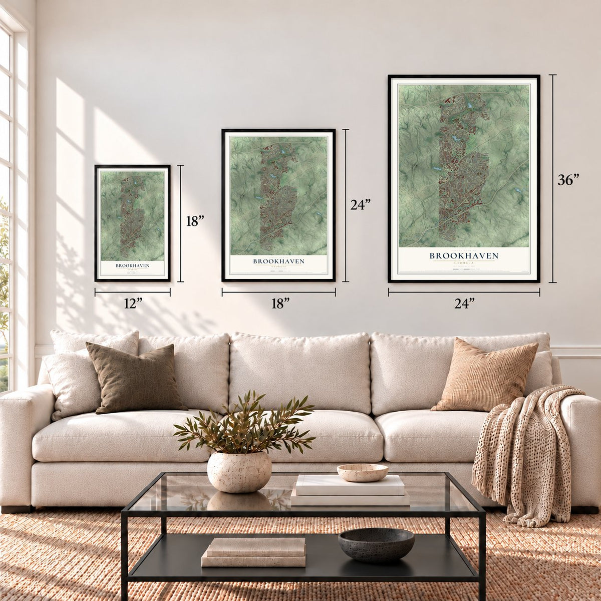 Brookhaven, Georgia map in 12 x 18, 18 x 24 and 24 x 36 inch sizes above a sofa