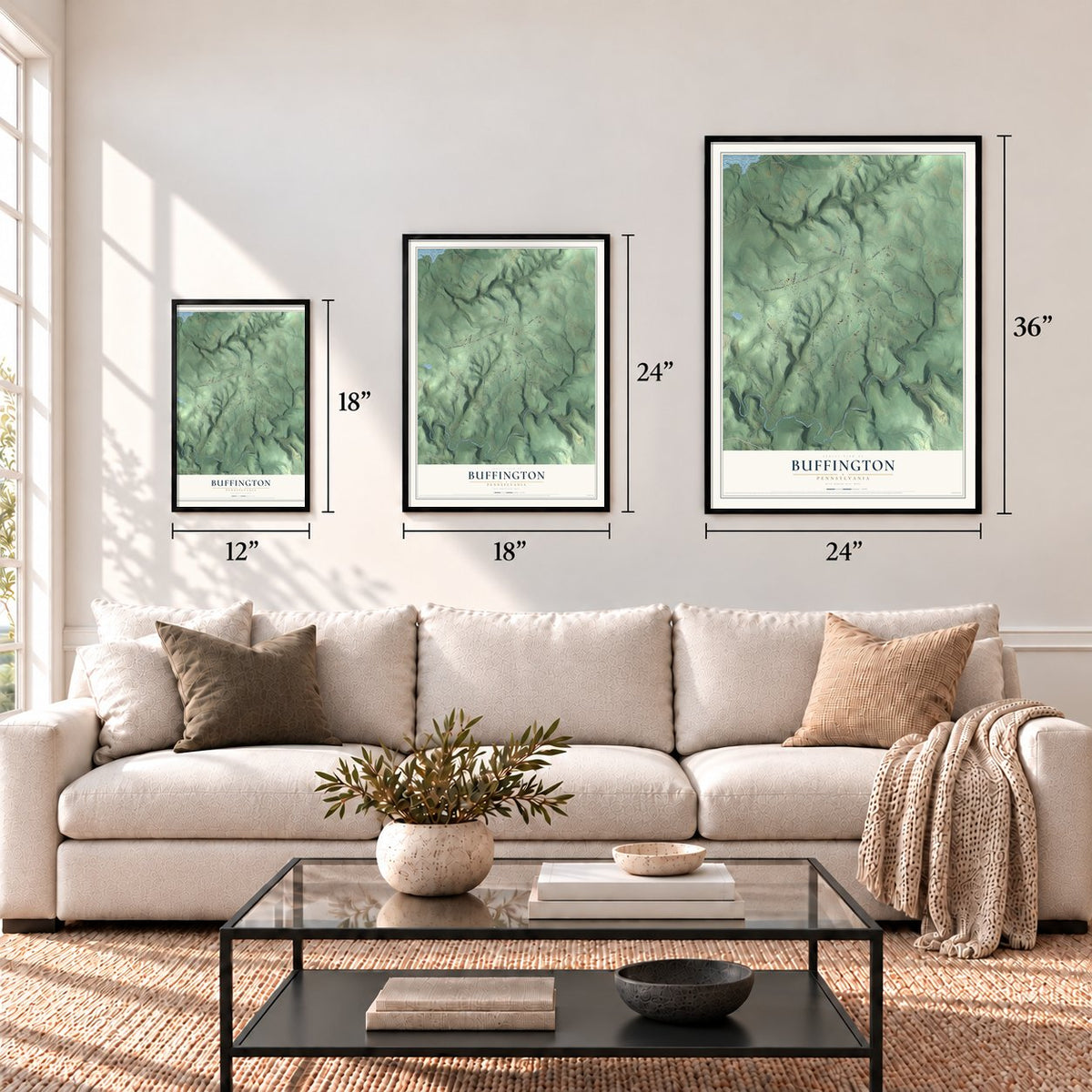 Buffington, Pennsylvania map in 12 x 18, 18 x 24 and 24 x 36 inch sizes above a sofa