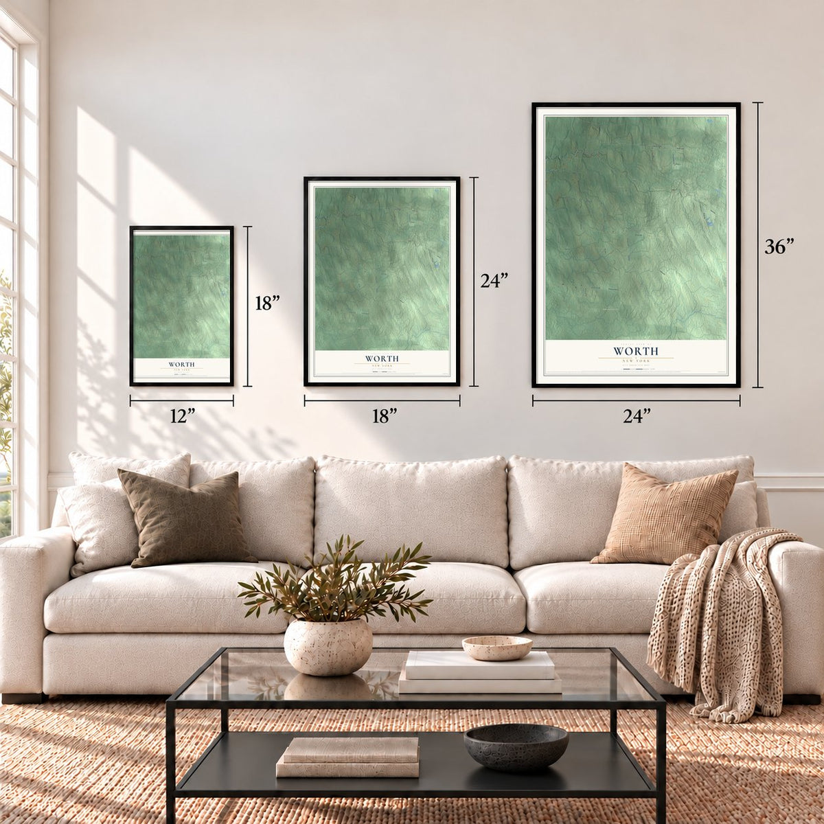 Worth, New York map in 12 x 18, 18 x 24 and 24 x 36 inch sizes above a sofa