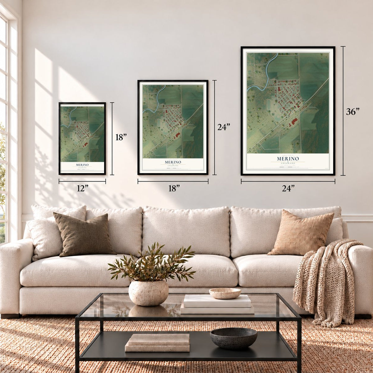 Merino, Colorado map in 12 x 18, 18 x 24 and 24 x 36 inch sizes above a sofa