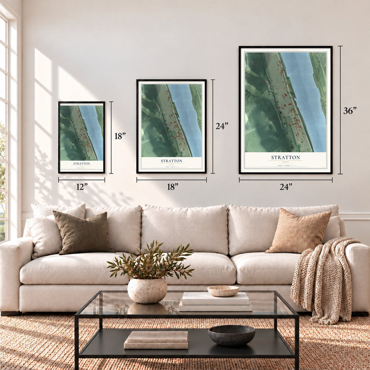 Stratton, Ohio map in 12 x 18, 18 x 24 and 24 x 36 inch sizes above a sofa