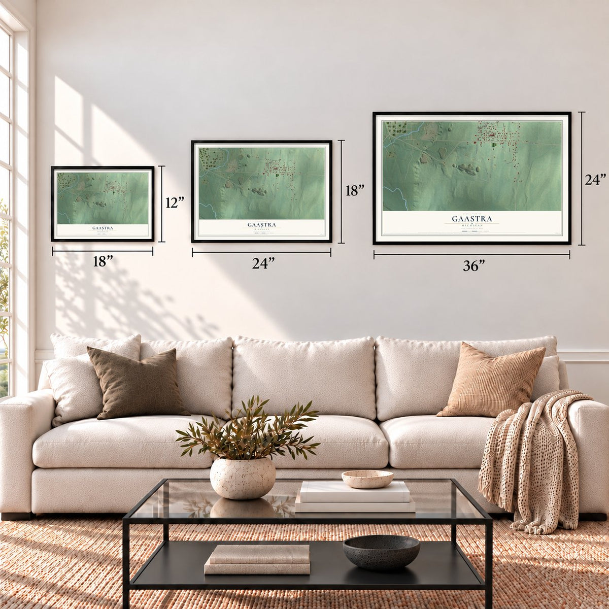 Gaastra, Michigan map in 12 x 18, 18 x 24 and 24 x 36 inch sizes above a sofa