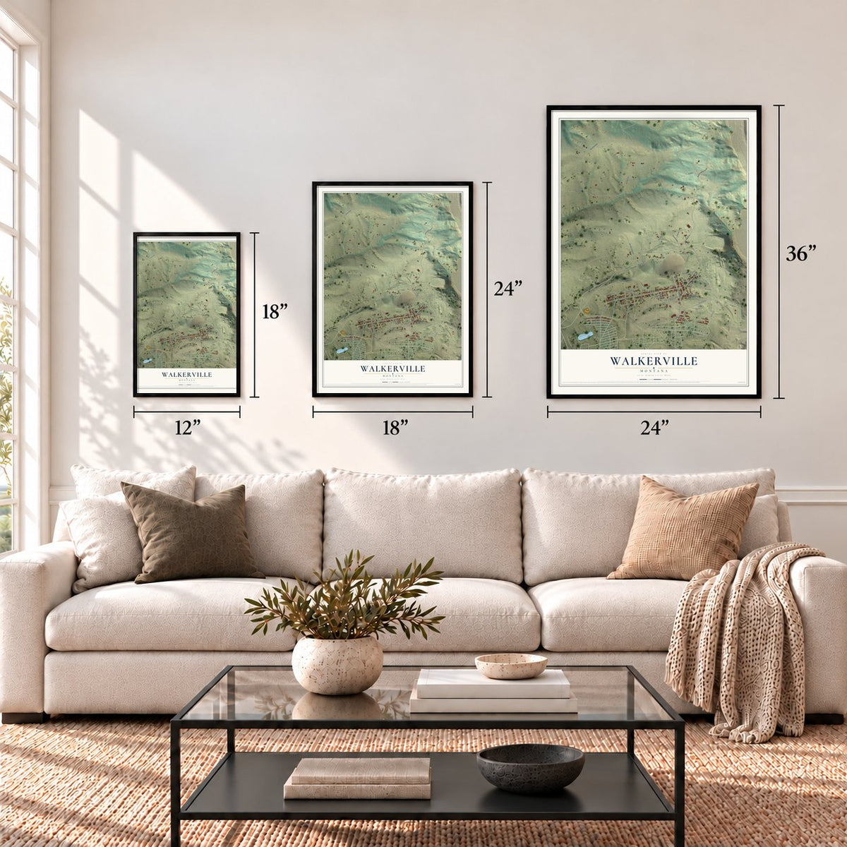 Walkerville, Montana map in 12 x 18, 18 x 24 and 24 x 36 inch sizes above a sofa