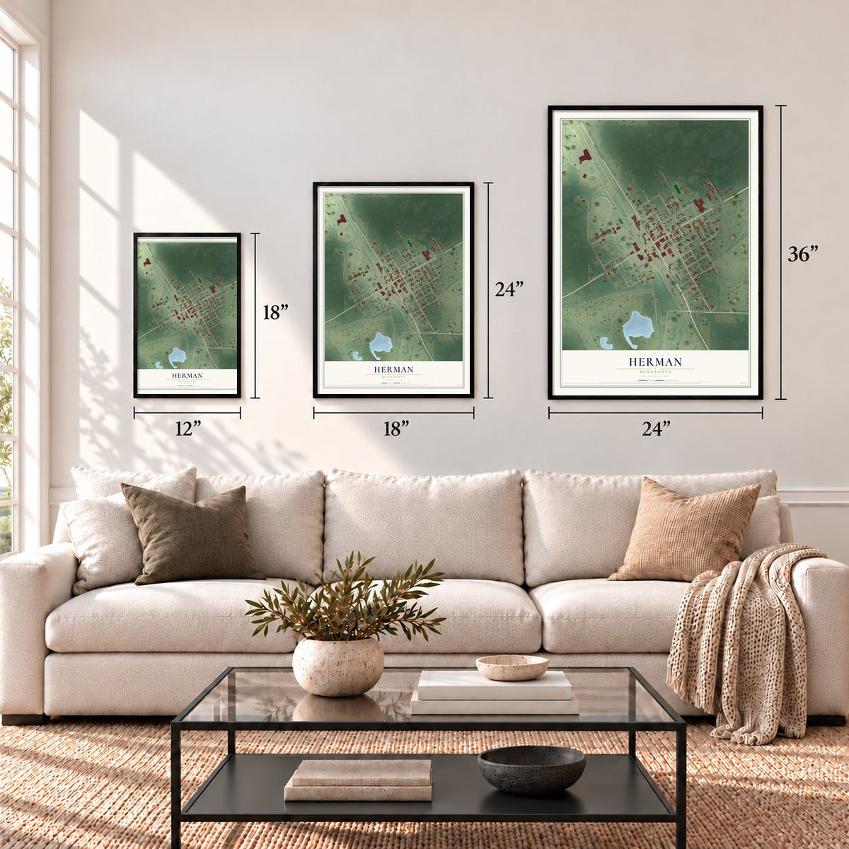 Herman, Minnesota map in 12 x 18, 18 x 24 and 24 x 36 inch sizes above a sofa