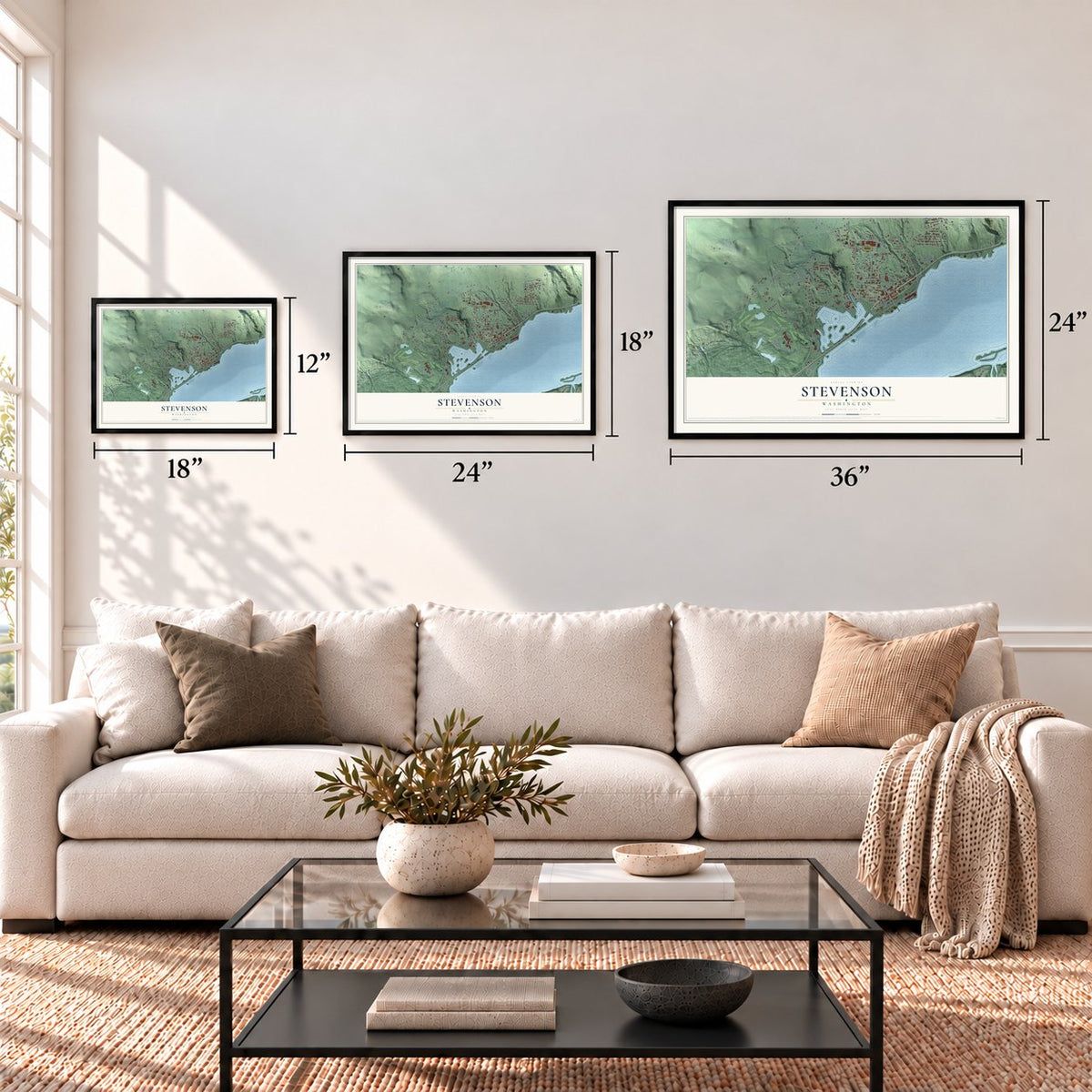 Stevenson, Washington map in 12 x 18, 18 x 24 and 24 x 36 inch sizes above a sofa