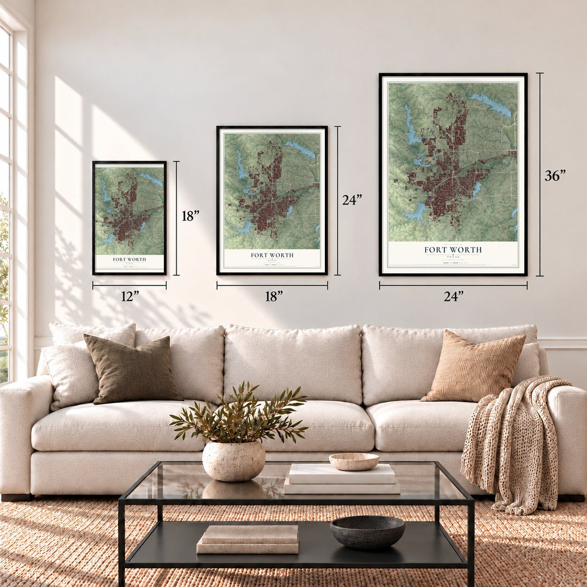 Fort Worth, Texas map in 12 x 18, 18 x 24 and 24 x 36 inch sizes above a sofa