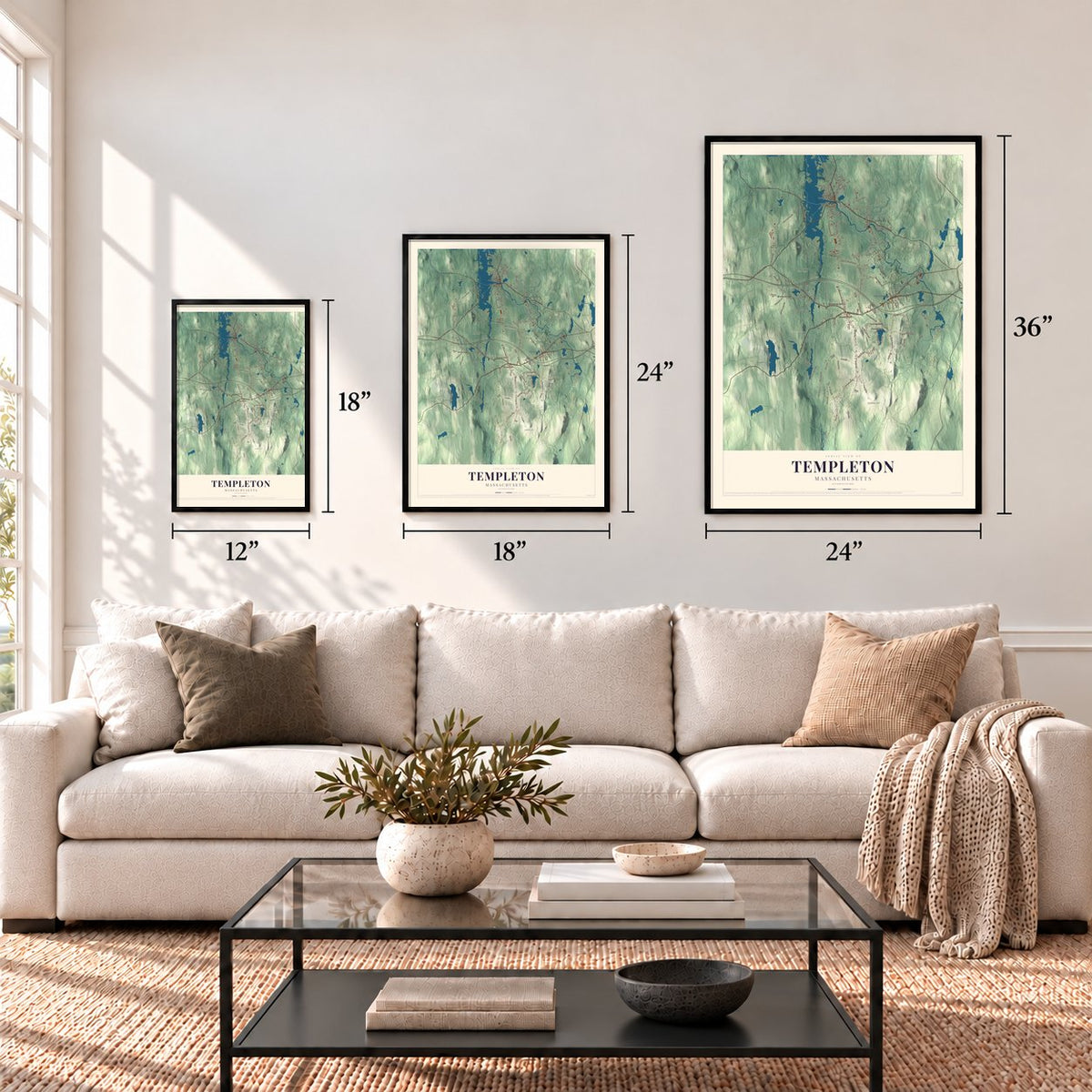 Templeton, Massachusetts map in 12 x 18, 18 x 24 and 24 x 36 inch sizes above a sofa