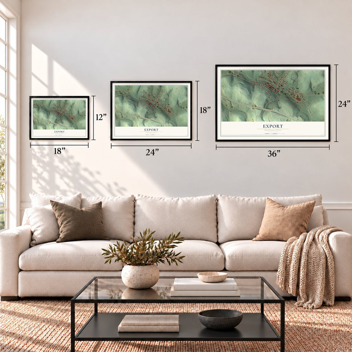 Export, Pennsylvania map in 12 x 18, 18 x 24 and 24 x 36 inch sizes above a sofa