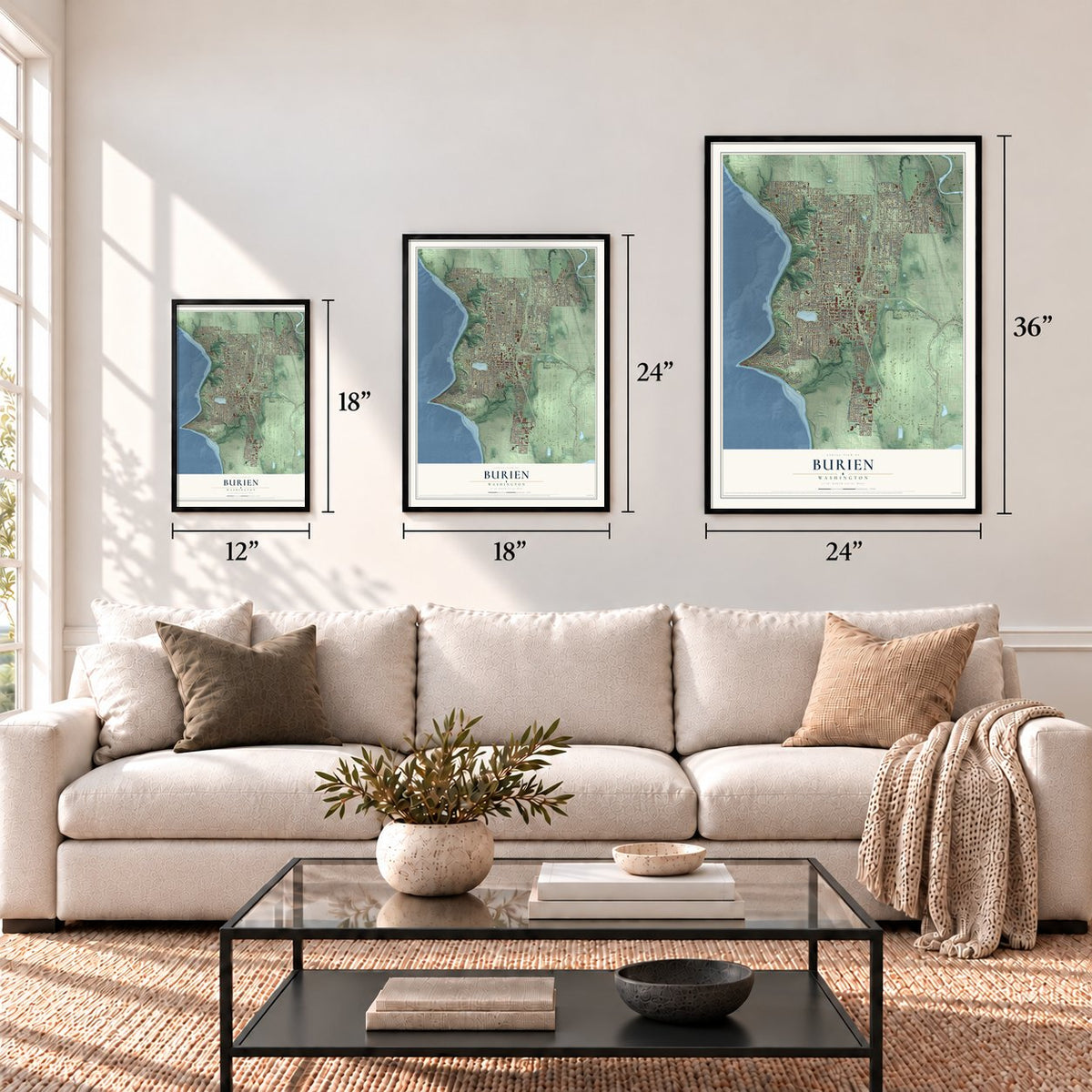 Burien, Washington map in 12 x 18, 18 x 24 and 24 x 36 inch sizes above a sofa