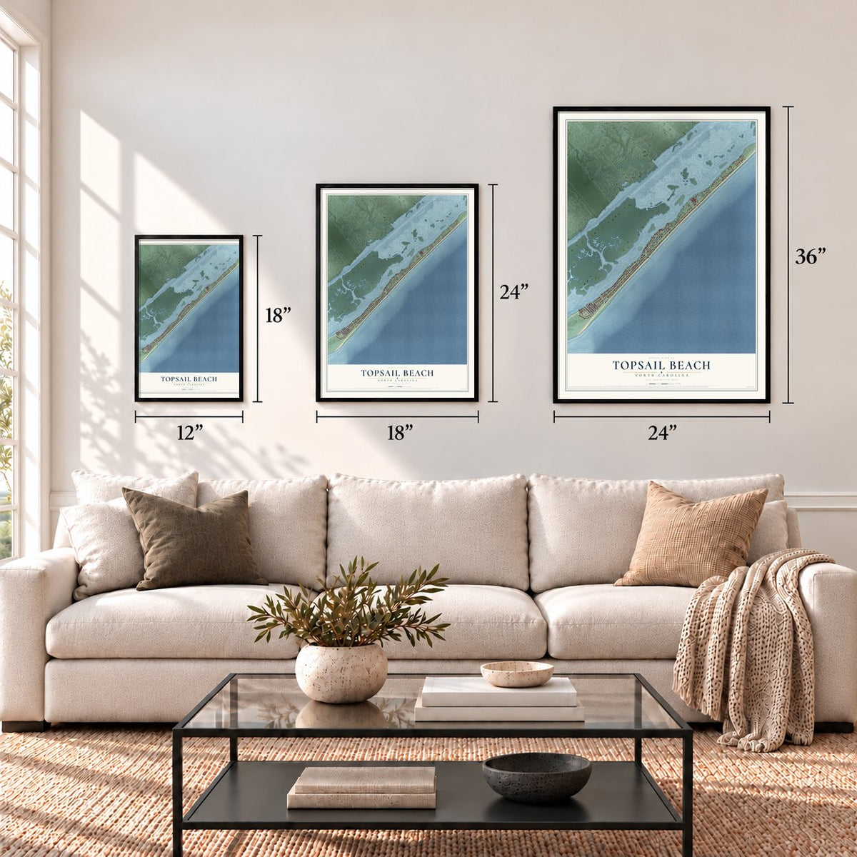 Topsail Beach, North Carolina map in 12 x 18, 18 x 24 and 24 x 36 inch sizes above a sofa