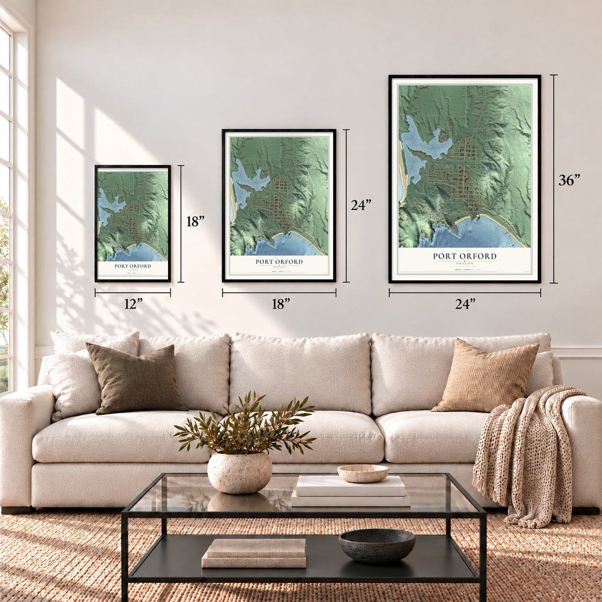 Port Orford, Oregon map in 12 x 18, 18 x 24 and 24 x 36 inch sizes above a sofa