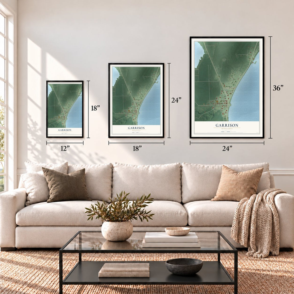 Garrison, Minnesota map in 12 x 18, 18 x 24 and 24 x 36 inch sizes above a sofa