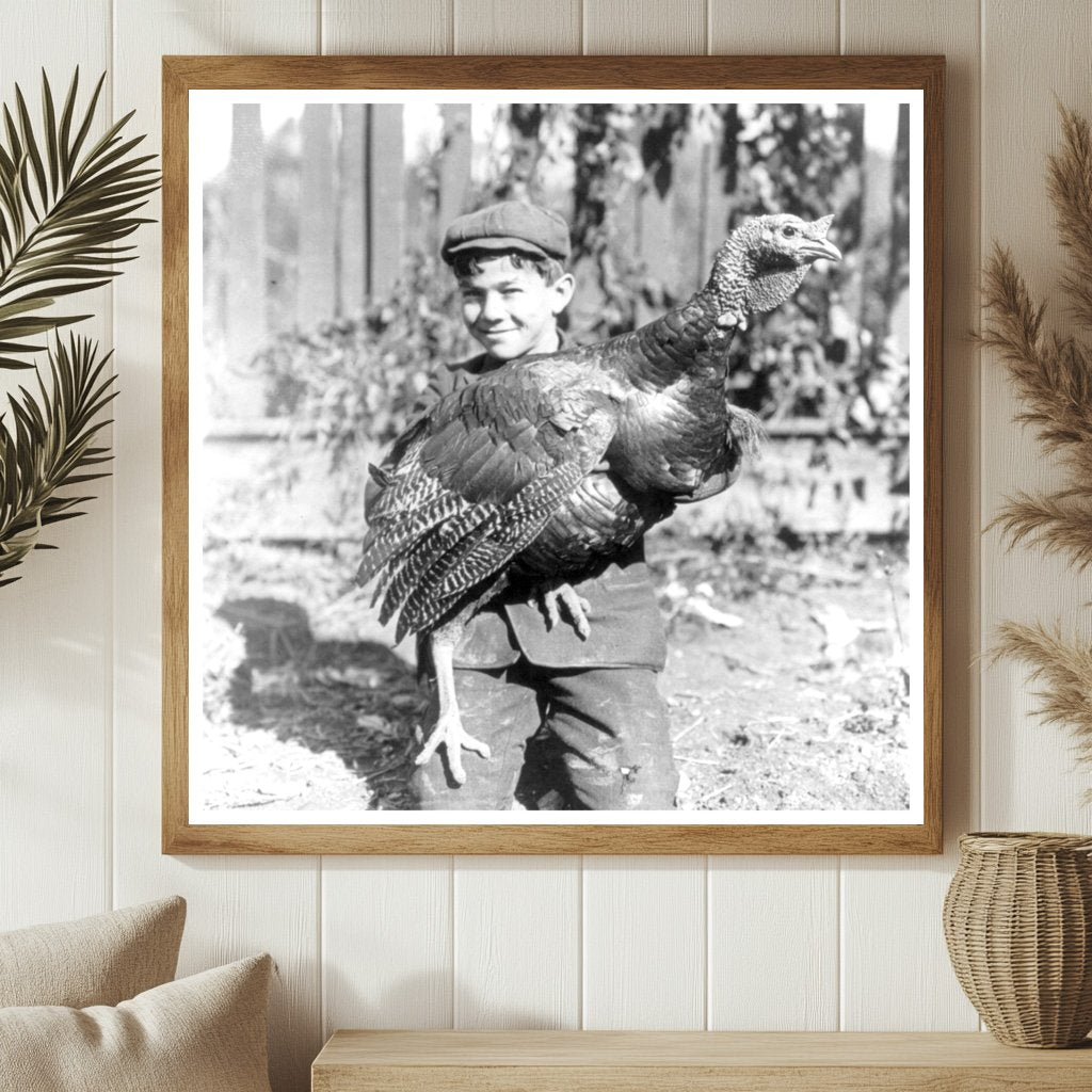 Young Boy Proudly Displaying a Grand Turkey