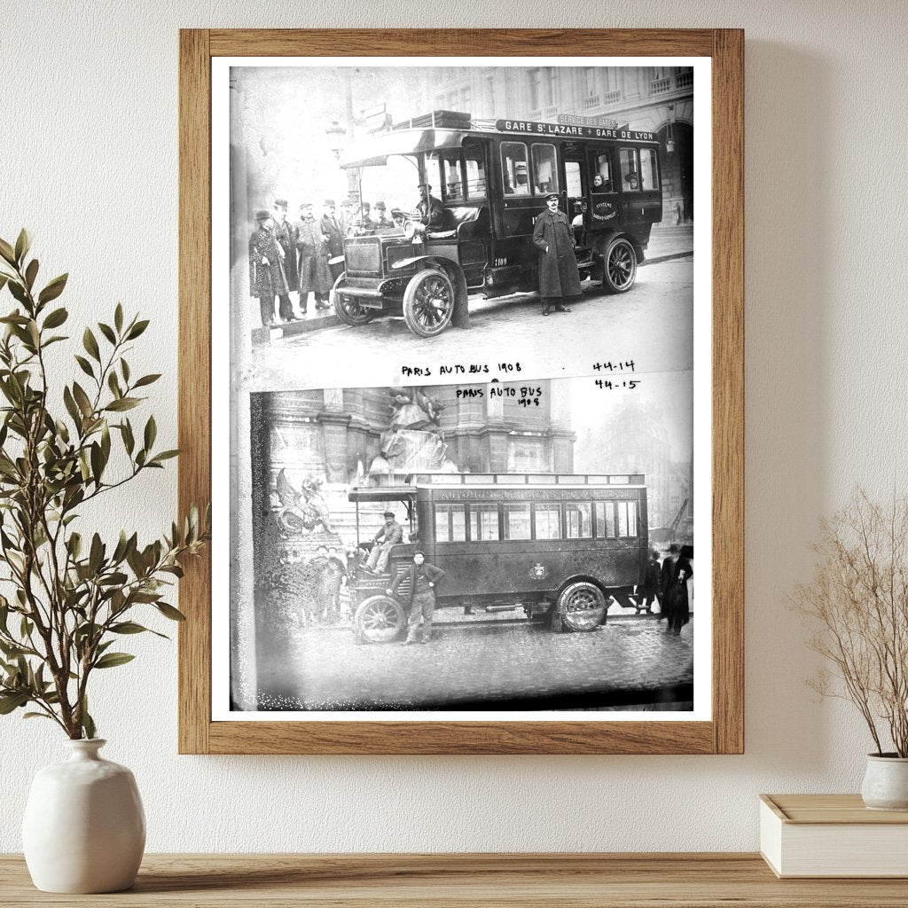 Vintage 1908 Paris Auto Bus in City Streets