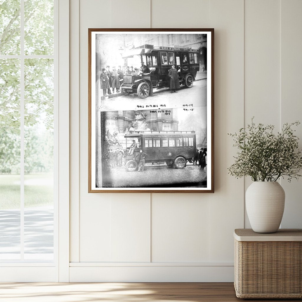 Vintage 1908 Paris Auto Bus in City Streets