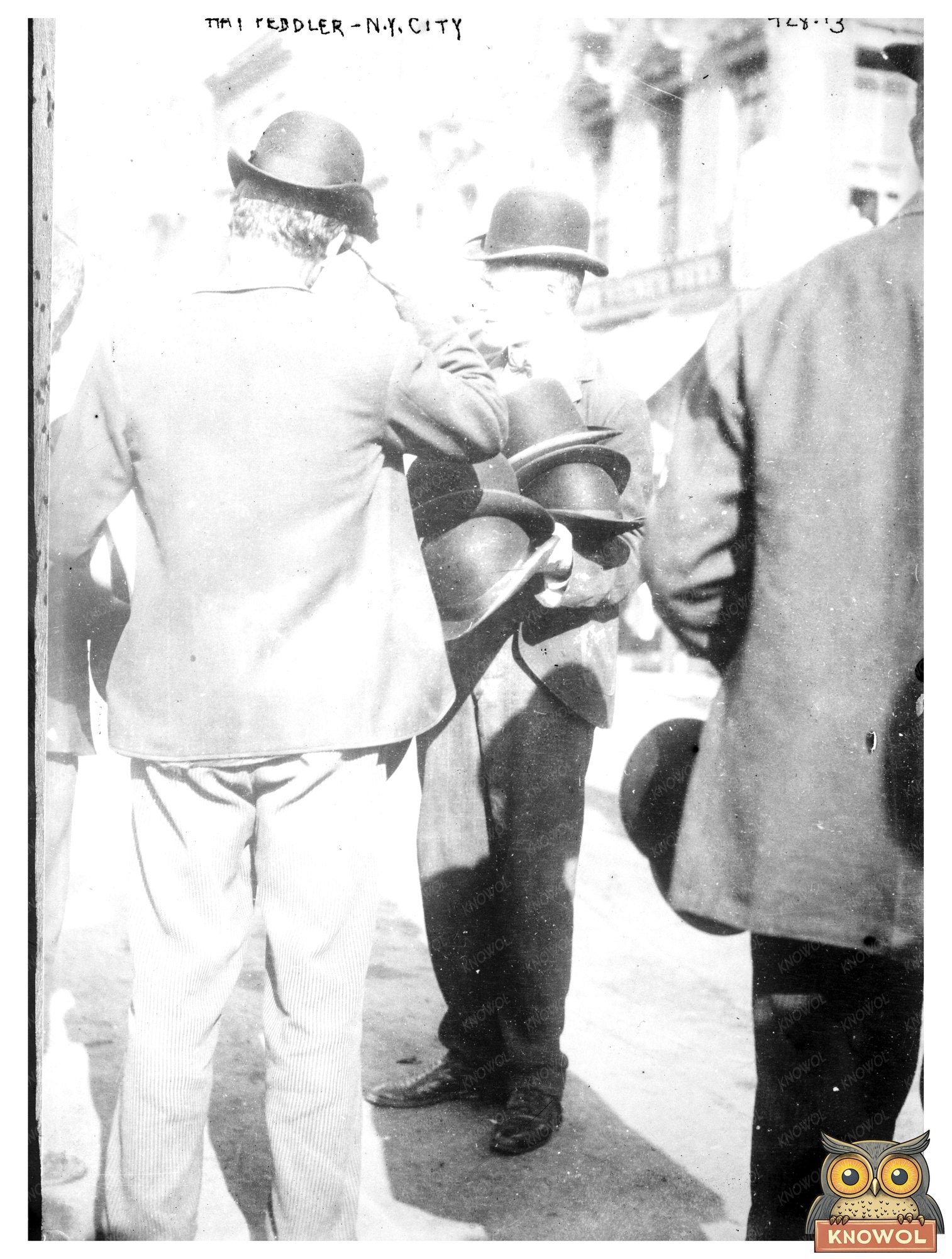 Vintage NYC Hat Peddler on Busy Sidewalk Scene