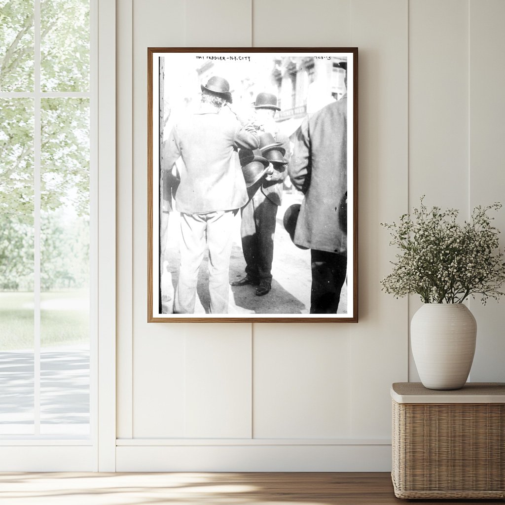 Vintage NYC Hat Peddler on Busy Sidewalk Scene