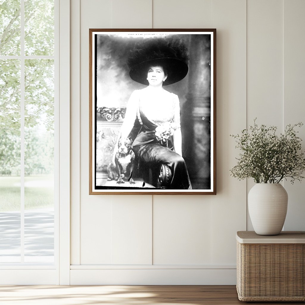 Elegant Woman Posed with Loyal Dog in Vintage Setting