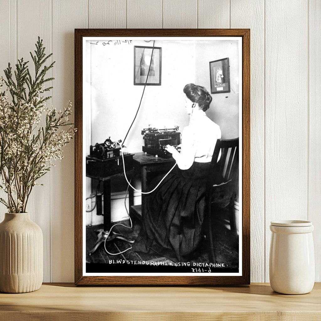Blind Stenographer at Work with Early Dictaphone, 1911
