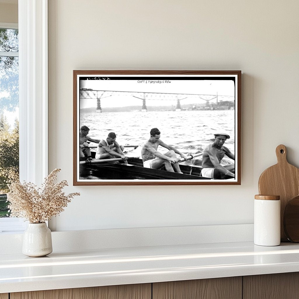 Stanford Crew Rowing on Hudson with Poughkeepsie Bridge