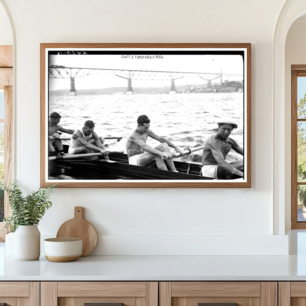 Stanford Crew Rowing on Hudson with Poughkeepsie Bridge