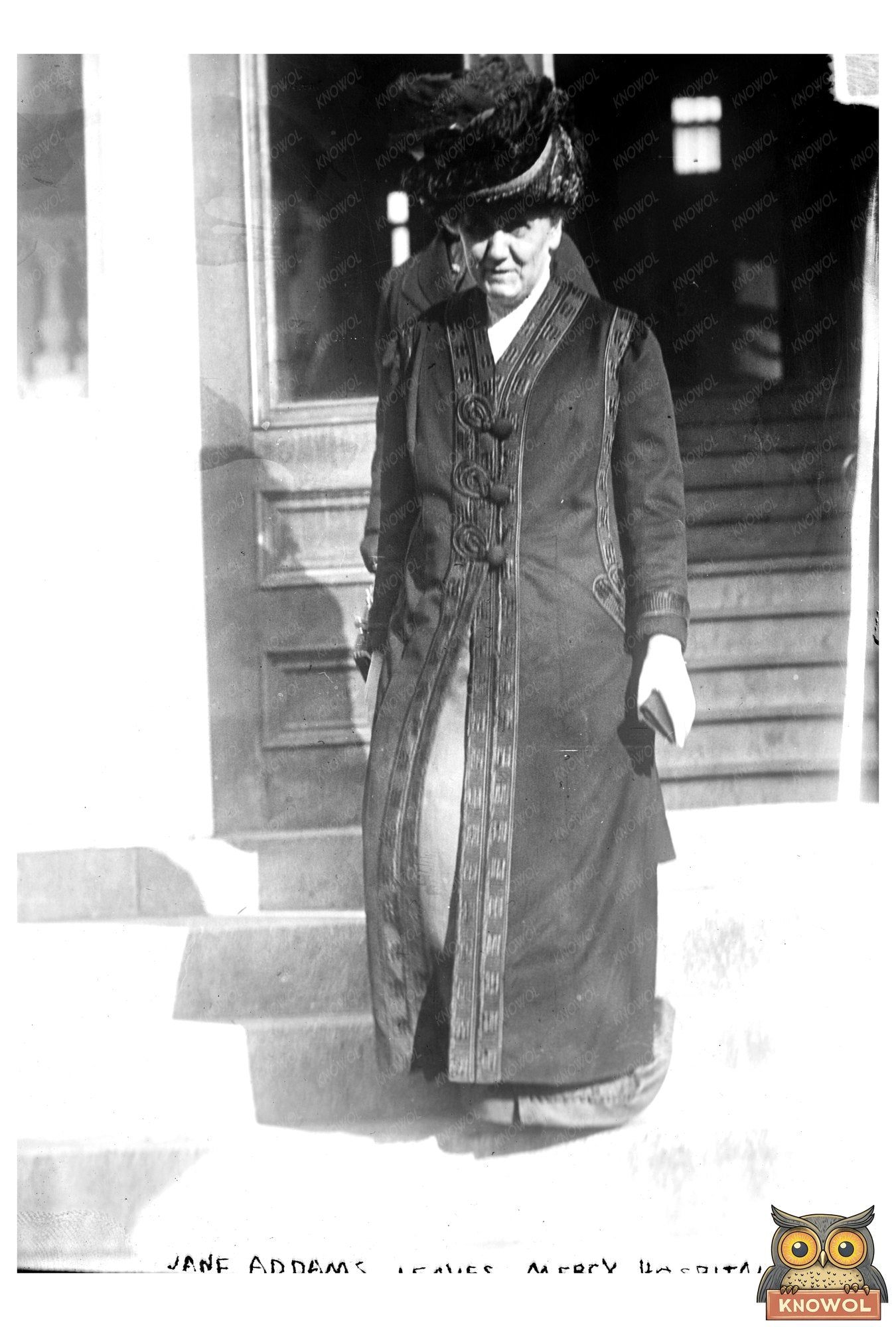 Jane Addams Exiting Mercy Hospital, 1912