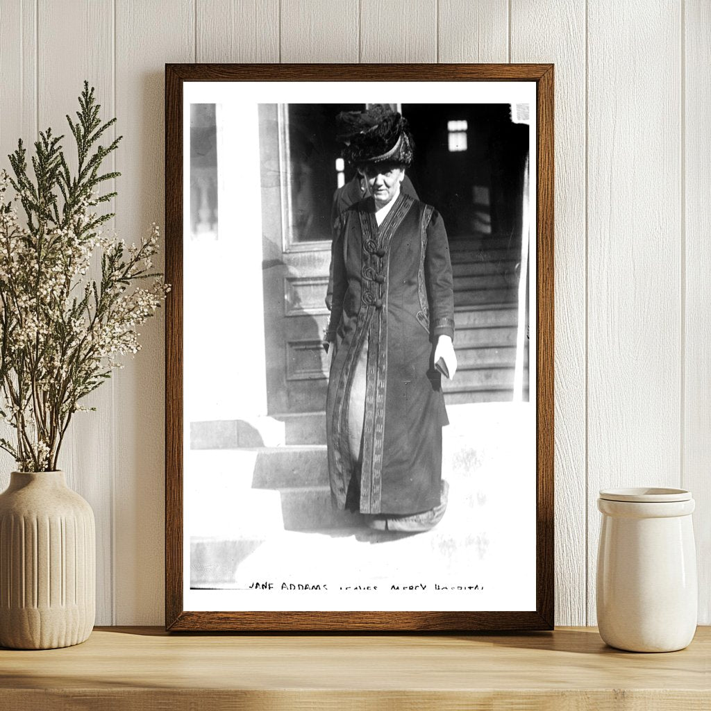 Jane Addams Exiting Mercy Hospital, 1912