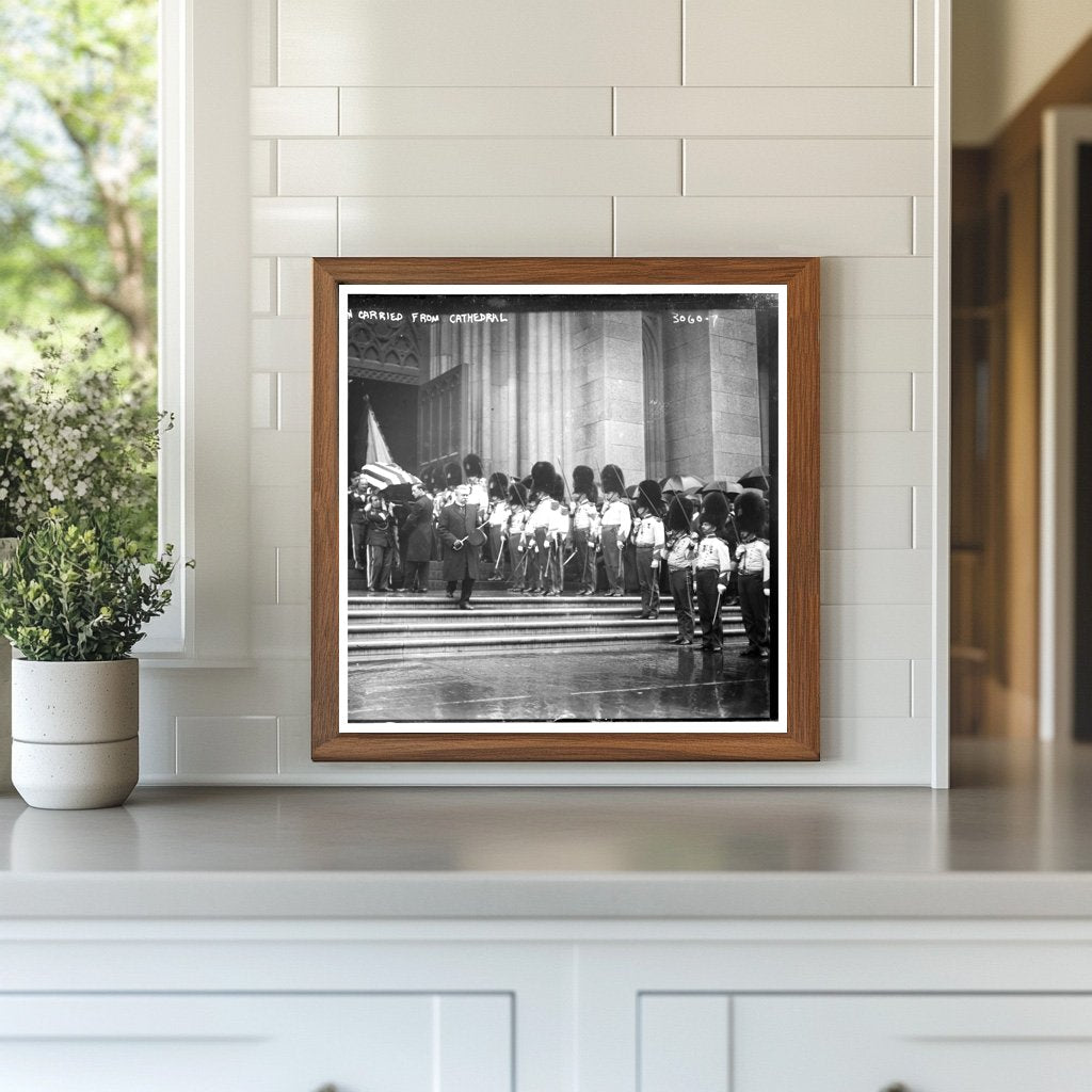 1930s Cathedral Farewell: Coffin Procession in Mourning