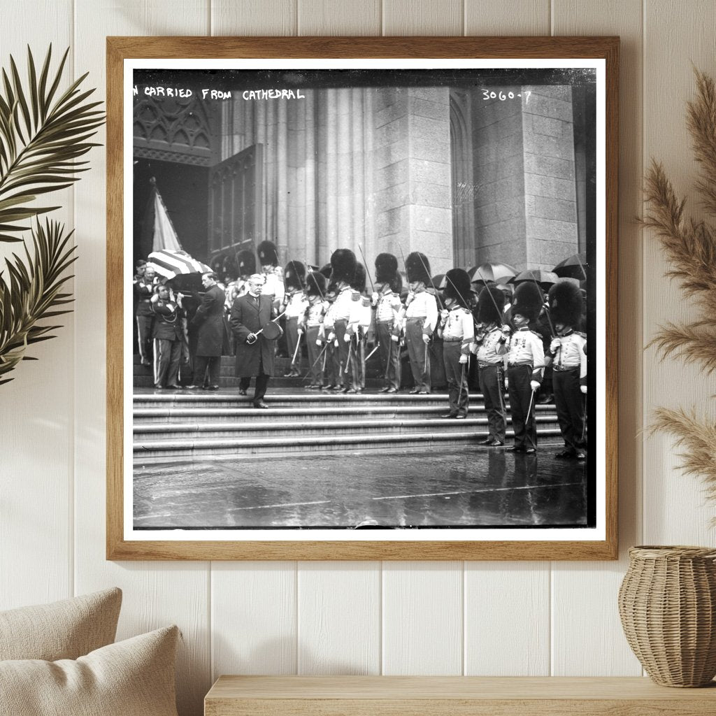 1930s Cathedral Farewell: Coffin Procession in Mourning