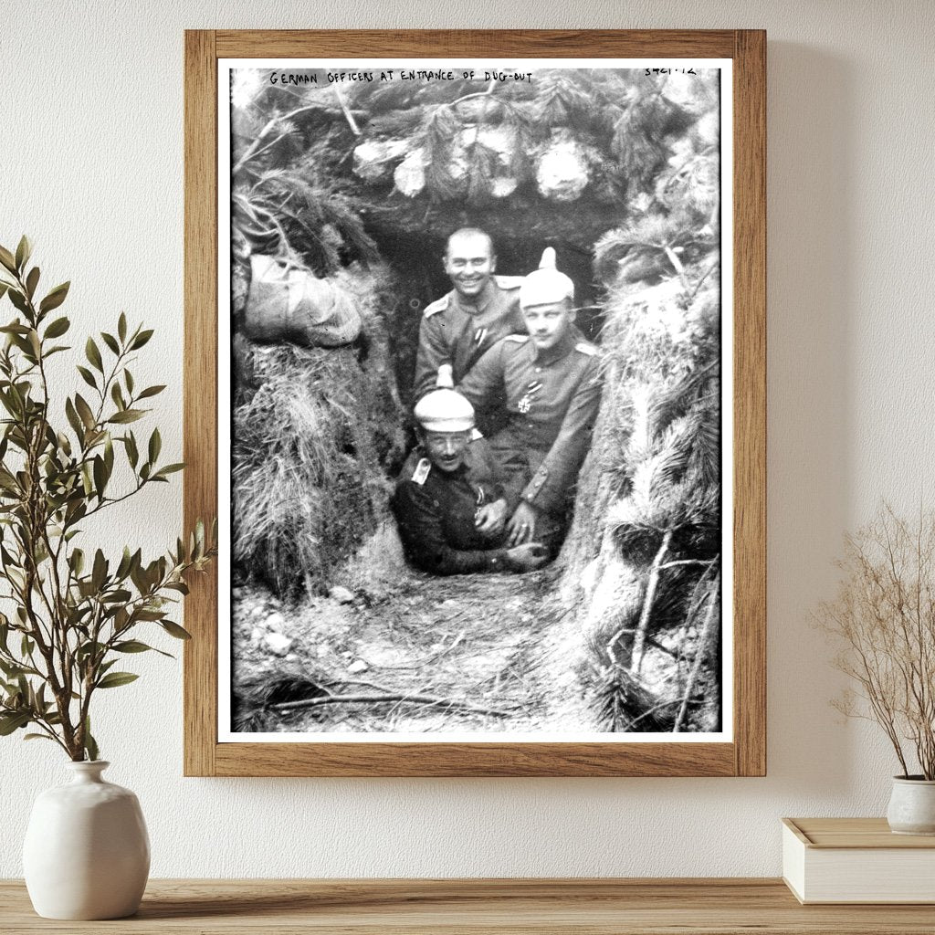 Historic German Officers at entrance of dugout Print, Vintage Art