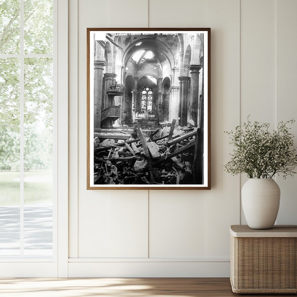 Historic Longwy -- Church wrecked by aeroplanes Print, Vintage Art