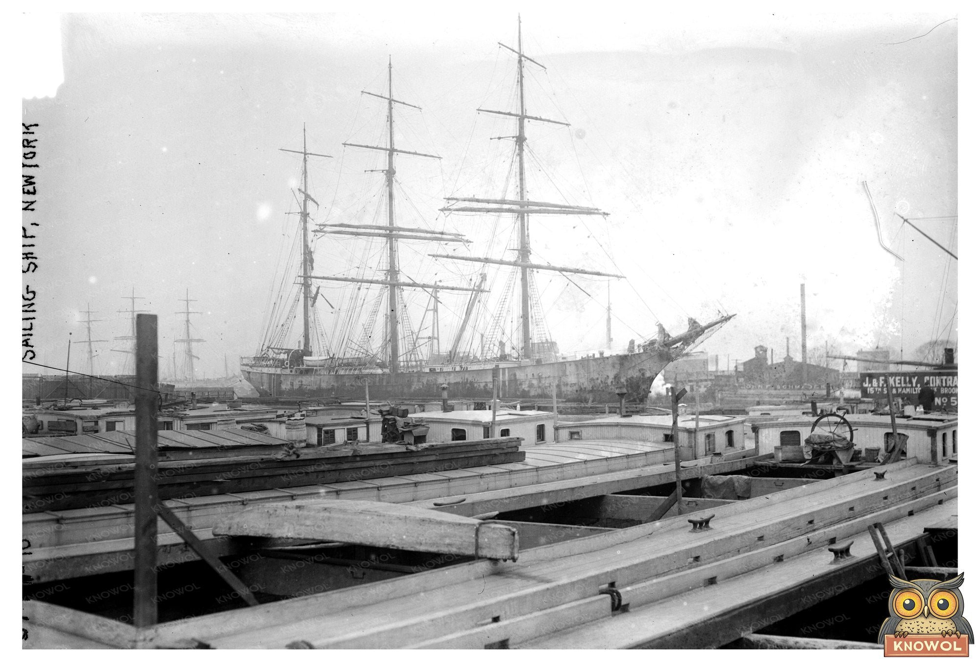 Vintage Sailing Ship in New York Harbor, 1915-1920