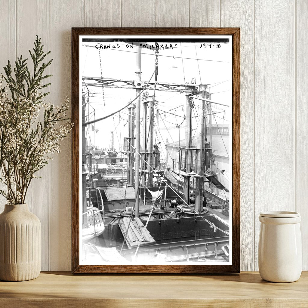 1916 Industrial Cranes in Milazzo Harbor Scene