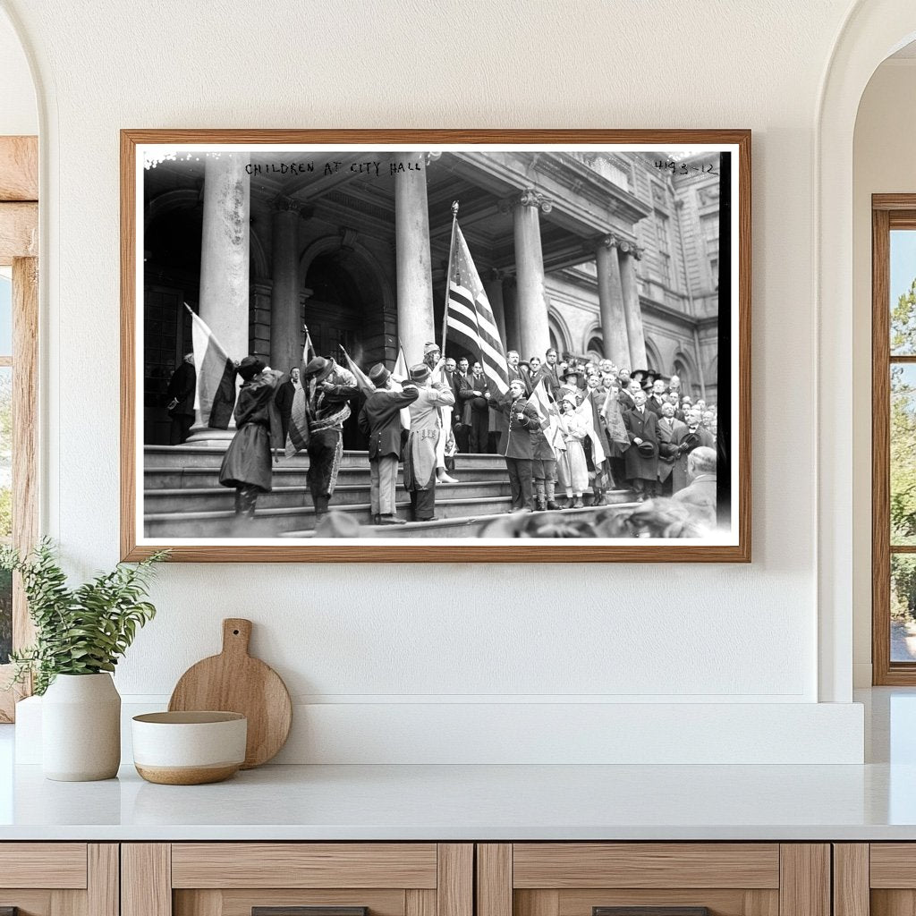 Joyful Children Gather at City Hall, 1917