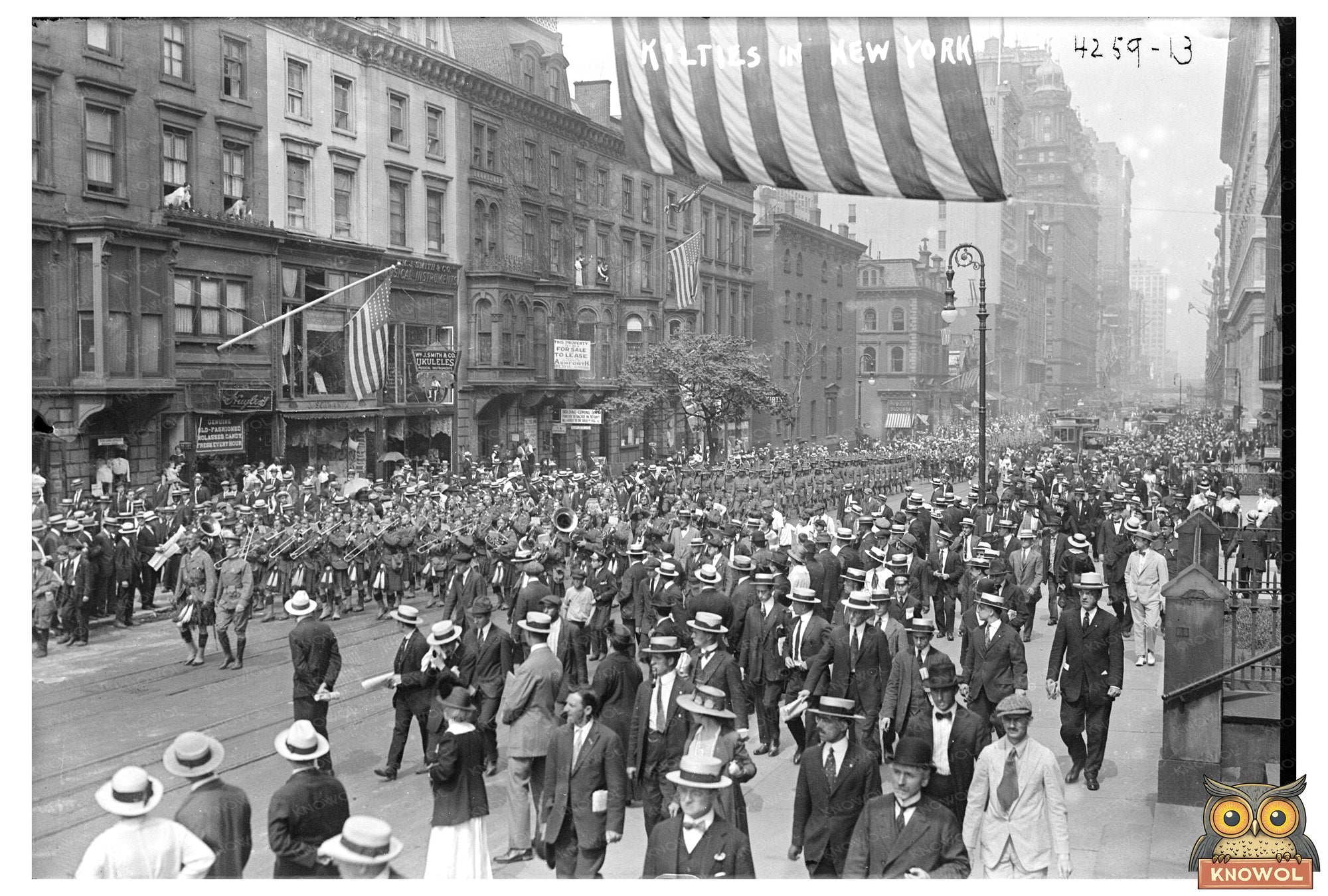 Scottish Kilted Band Marching in 1917 New York