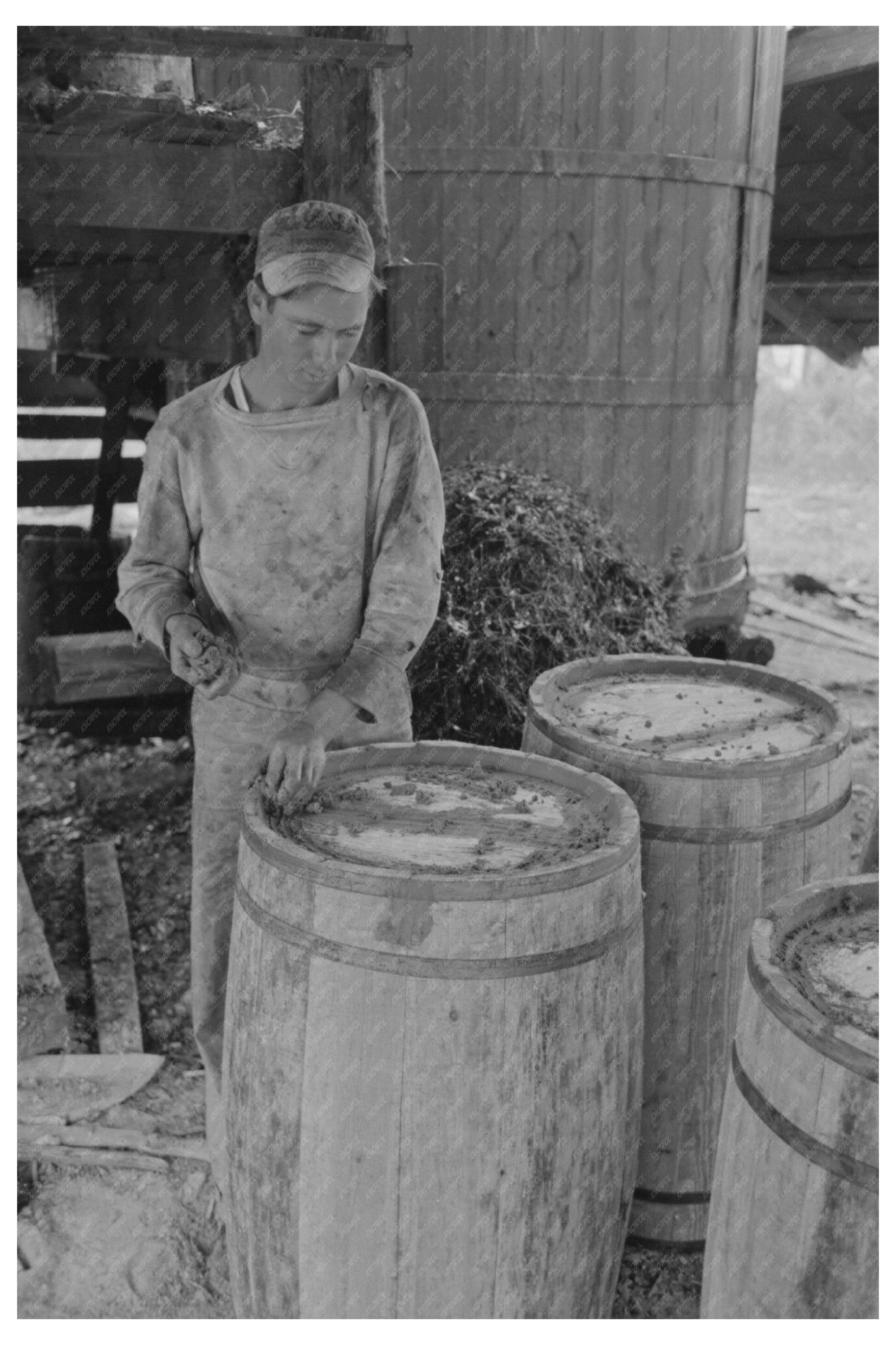 Worker Caulking Barrels at Turpentine Still 1938