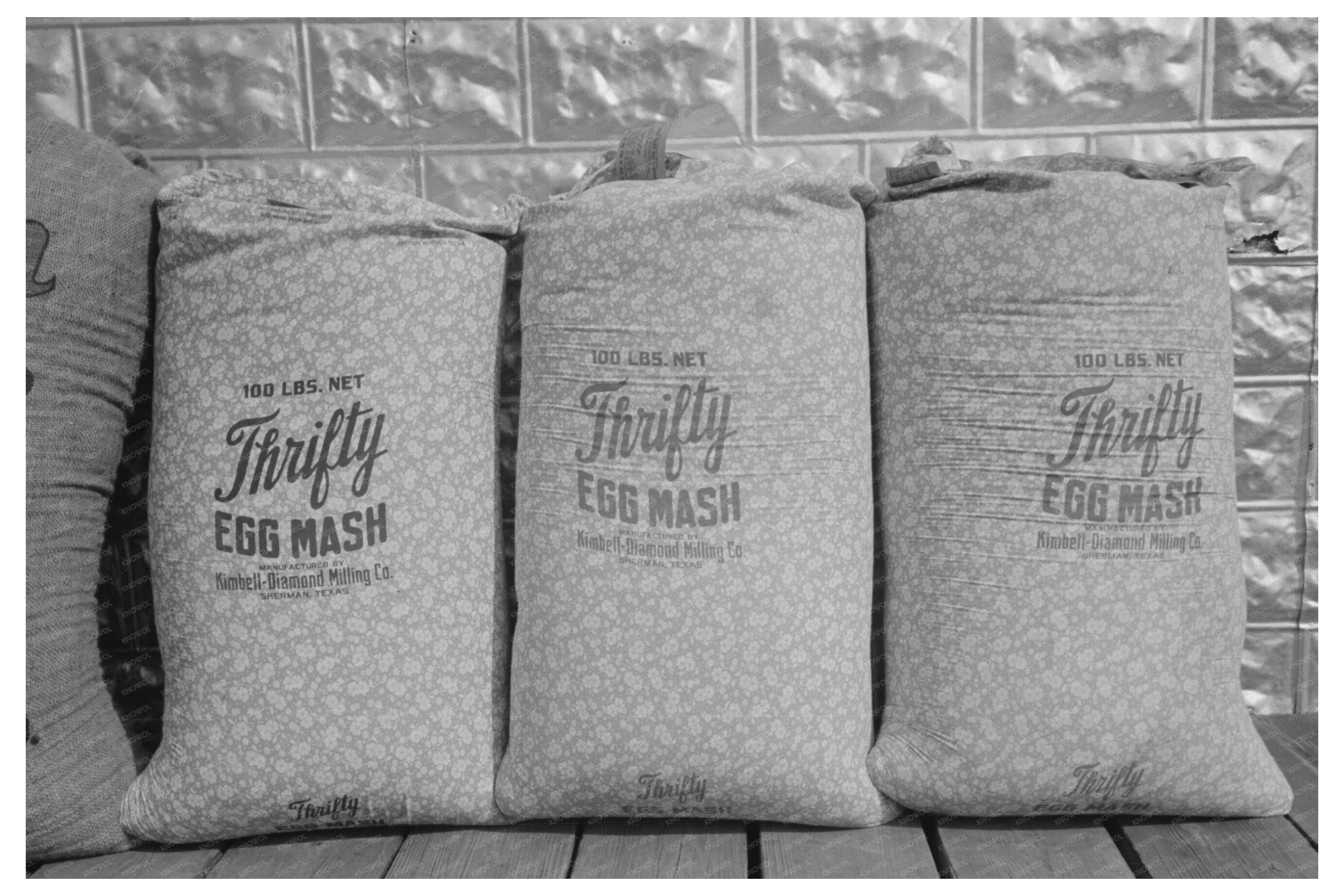 Vintage 1939 Scene in Mercedes Texas Chicken Feed and Flour Bags