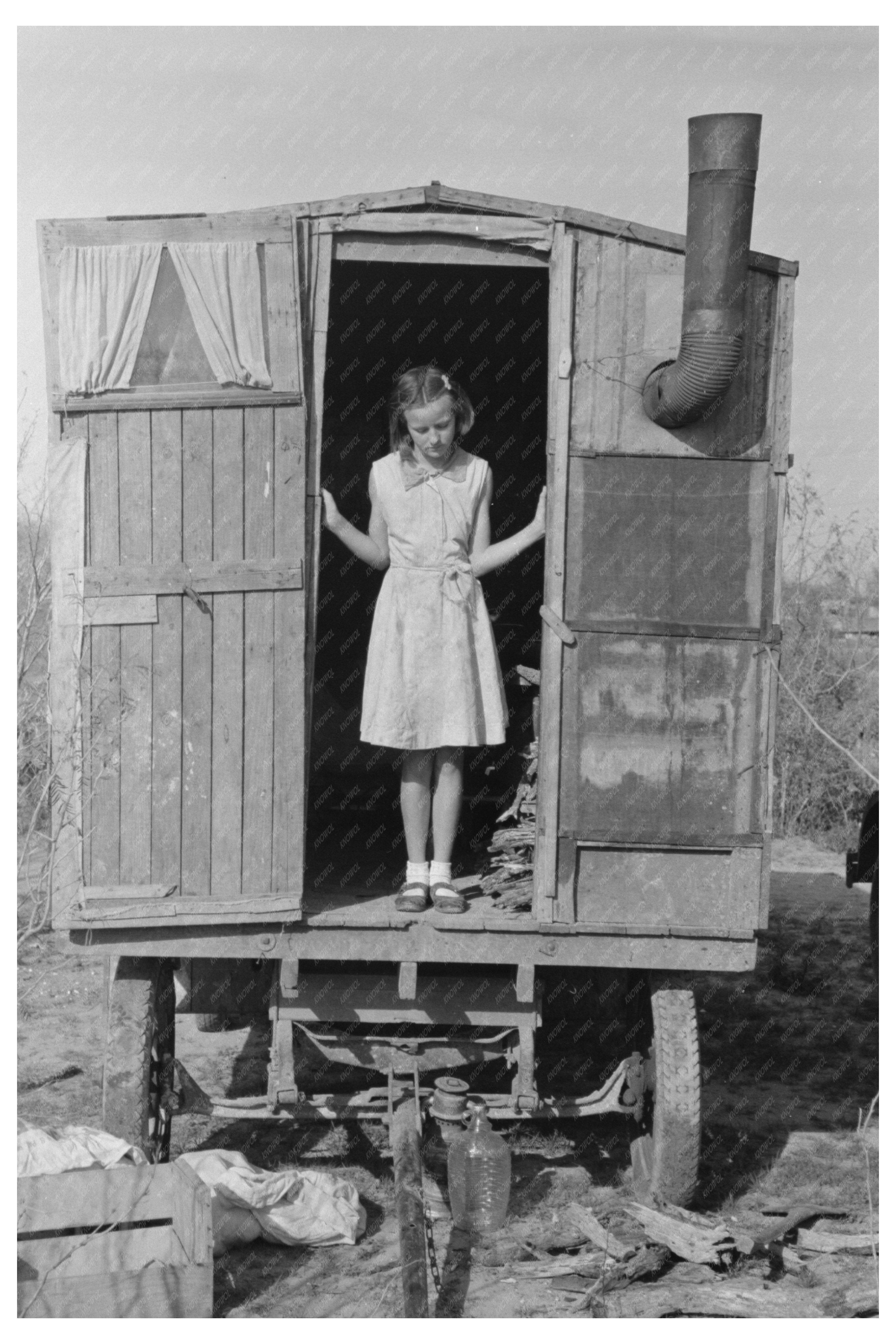 Vintage 1939 Girl in Doorway of Texas Trailer