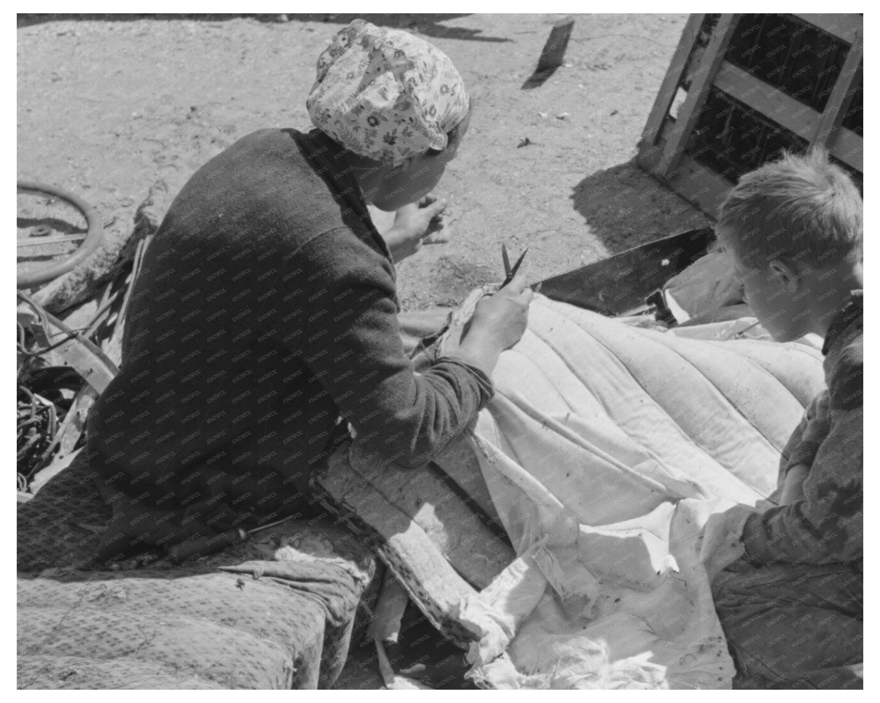Migrant Auto Wreckers Wife Sewing Seat Cushion 1939