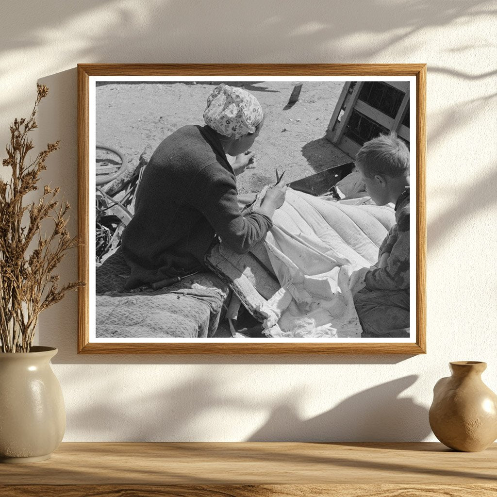 Migrant Auto Wreckers Wife Sewing Seat Cushion 1939