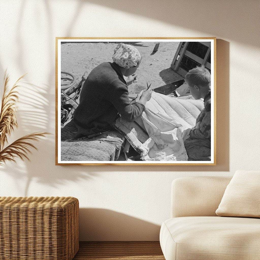 Migrant Auto Wreckers Wife Sewing Seat Cushion 1939