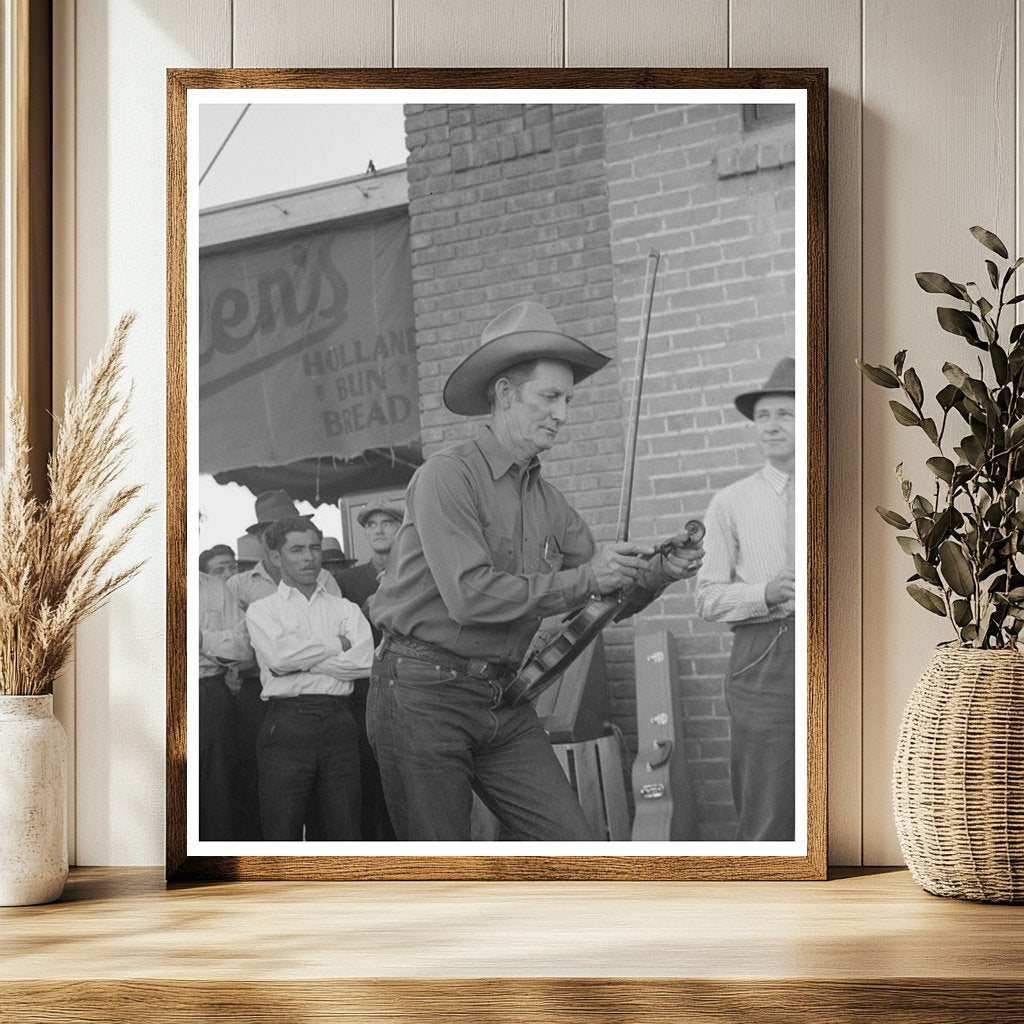 Musician Tunes Violin at Orchestra Outside Grocery Store 1940